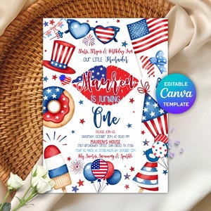 Convite editável de aniversário de 4 de julho, convite para festa de aniversário patriótica, convite com listras e estrelas, aniversário de 4 de julho, Canva