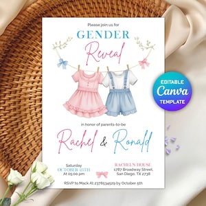Boho Baby Clothes Gender Reveal Invitation, Clothesline Gender Reveal Party Invite, Neutral Baby, Vintage Baby Clothes, Editable with  Canva
