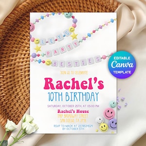 Editable Friendship Bracelet Invitation, Girl Birthday Party Invitation, Beastie Bead Bracelet Making Invite, Jewelry Party Pink, Canva
