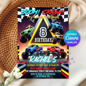 Monster Truck Birthday Invitation, Boy Monster Truck Invite, Boom Crash It&#39;s A Monster Truck Bash! Birthday Boy, Editable Canva Template