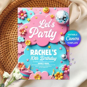 Editable Retro Birthday Invitation, Groovy Retro Invitation, Emoji Invitation, Teen Party, Tween Birthday Invite, Pink Girl Invitation
