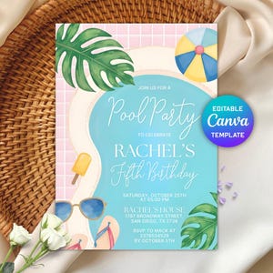 Pool Birthday Party Invitation, Neon Glow Invitation, Tropical tie dye, Swimming Pool Party Invite, Editable Canva Template