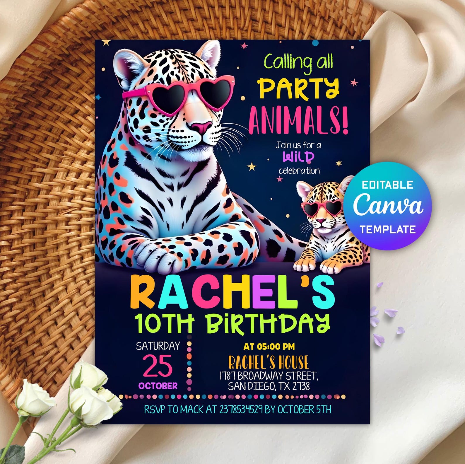 Editable Rainbow Leopard Invitation, Animal Birthday Party Invitation ...