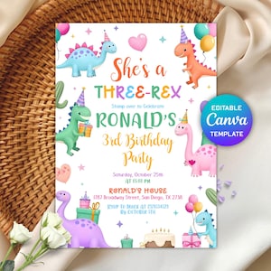 Editable Pastel Dinosaur Birthday Invitation, Three Rex Party Invite, Dinosaur Birthday Party Invite, Cut Dino Pink Template, Digital File
