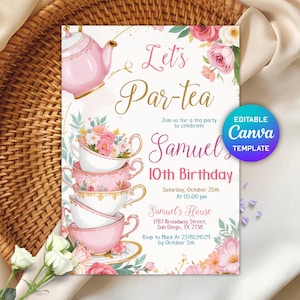 Puede incluir: Una invitación a una fiesta de té en rosa y dorado con una pila de tazas de té y una tetera. La invitación dice "Let's Par-tea" y es para el décimo cumpleaños de Samuel. La fiesta es el sábado 25 de octubre a las 5:00 pm en la casa de Samuel, 1787 Broadway Street, San Diego, TX 2738. RSVP a Mack al 2378534529 antes del 5 de octubre.