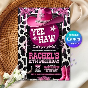 Invito di compleanno a tema cowgirl rosa, invito per festa di compleanno a tema cowgirl, invito in stile country western, per qualsiasi età, stampabile e modificabile in digitale