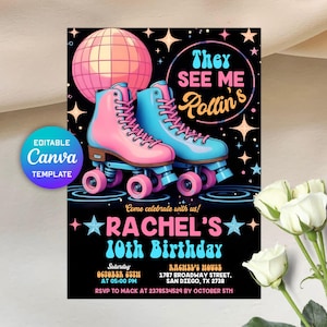 Rollschuh-Geburtstagseinladung, Neon-Rollschuh-Party-Geburtstag einladen, druckbare Geburtstagskarte, digitales elektronisches Evite, bearbeitbare Canva