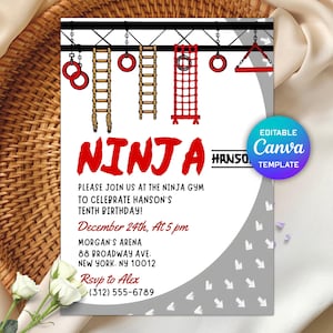 May include: A white invitation card with a ninja theme. The word "NINJA" is in large red letters. The card includes illustrations of ninja gym equipment and the text "Please join us at the Ninja Gym to celebrate Hanson's tenth birthday!"