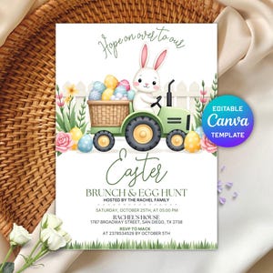 May include: Easter invitation featuring a white bunny driving a green tractor pulling a wagon filled with colorful Easter eggs. The invitation includes the text "Hope on over to our Easter Brunch & Egg Hunt".