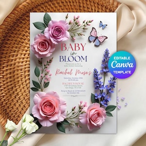 Baby in Bloom Invitation, Butterfly Baby Shower Invitation Girl, Purple Pink Butterflies Wildflower Invite Printable Baby in Bloom Shower