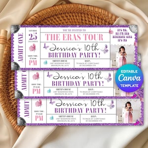 Eras Ticket-Einladung, Surprise Music Ticket Stub, Konzert-Andenken-Erinnerungsstücke Bday Gif, Eras Party, Sofort-Download, bearbeitbare Canva
