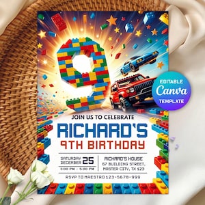 May include: A colorful birthday invitation featuring a large number 9 constructed from toy blocks. The invitation includes the text "Join us to celebrate Richard's 9th Birthday" with event details and a Canva template label.