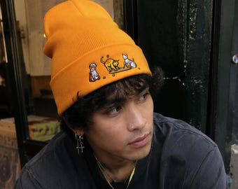 Embroidered Cat Beanie: Bakery Cats Knit Hat, Gifts For Cat Lovers