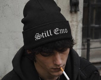 Still Emo Embroidered Beanie – Dark Aesthetic Knit Hat | Edgy Alt Fashion, Punk, Emo, Grunge, Skull, and Witchy Vibes