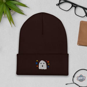 Cute Halloween Ghost Symbols Embroidered Beanie – Dark Aesthetic Knit Hat | Edgy Alt Fashion, Punk, Emo, Grunge, Skull, and Witchy Vibes
