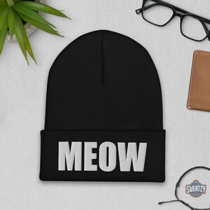 MEOW Embroidered Beanie – Dark Aesthetic Knit Hat | Edgy Alt Fashion, Punk, Emo, Grunge, Skull, and Witchy Vibes