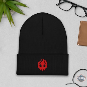 Skull Burning Symbols Embroidered Beanie – Dark Aesthetic Knit Hat | Edgy Alt Fashion, Punk, Emo, Grunge, Skull, and Witchy Vibes