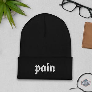 Pain Symbols Embroidered Beanie – Dark Aesthetic Knit Hat | Edgy Alt Fashion, Punk, Emo, Grunge, Skull, and Witchy Vibes