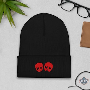 Skull Couple Symbols Embroidered Beanie – Dark Aesthetic Knit Hat | Edgy Alt Fashion, Punk, Emo, Grunge, Skull, and Witchy Vibes
