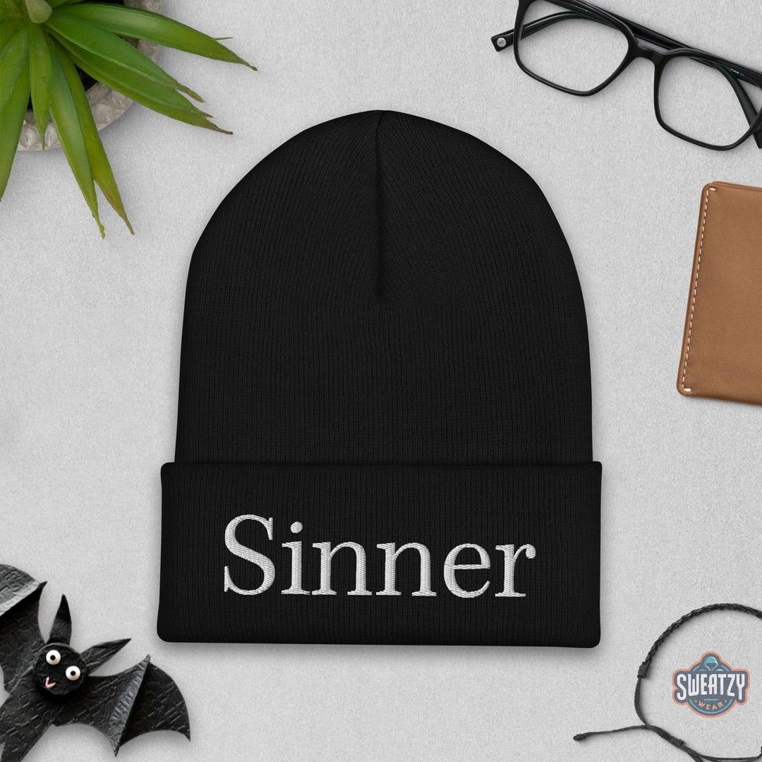 Sinner Embroidered Beanie – Dark Aesthetic Knit Hat Edgy Alt