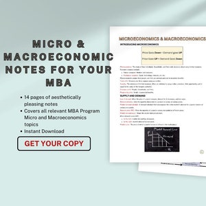 Può includere: Un download digitale per studenti MBA con 14 pagine di appunti esteticamente gradevoli che coprono gli argomenti di microeconomia e macroeconomia. Il testo recita "Micro & Macroeconomic Notes for Your MBA. 14 pages of aesthetically pleasing notes. Covers all relevant MBA Program Micro and Macroeconomics topics. Instant Download. Get Your Copy."