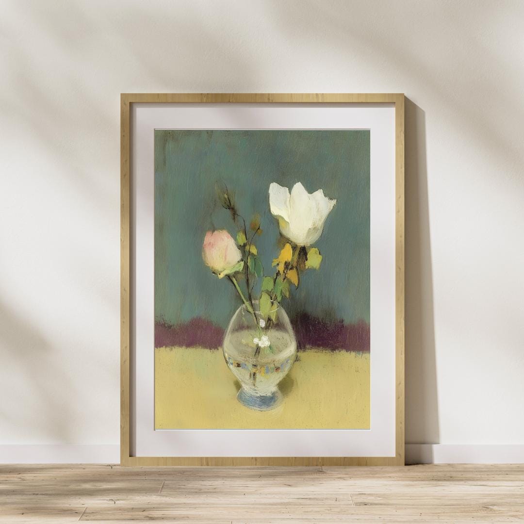 Vintage Rose Still Life Art Print: Antique Floral Oil Painting (digital ...