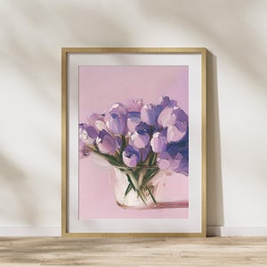 Purple Tulips Digital Print, Floral Wall Art, Pink & Violet Flowers, Botanical Oil Painting Art, Modern Minimalist Decor, Instant Download