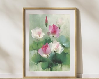 Konsttryck med lotusblomma: Rosa & vit botanisk zendekor (digital nedladdning)