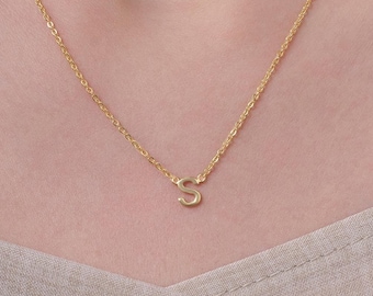 14K Solid Gold Initial Necklace, Personalized Letter Pendant, Dainty Gold Charm Necklace, Custom Jewelry Gift for Women