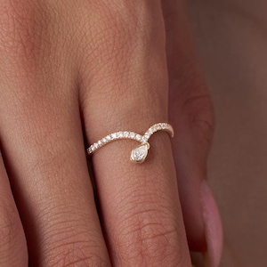 Pear Diamond Dangle Ring, Solid 14K Gold Chevron Ring, Natural Diamond Drop Dangling Charm Ring, Stacking Diamond Wedding Curved Ring