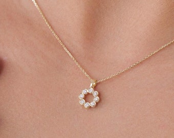 14K Gold Diamond Cluster Necklace, Round Natural Diamond Cluster Necklace, Bezel Gold Necklace, Flower Charm Pendant, Gift For Bride