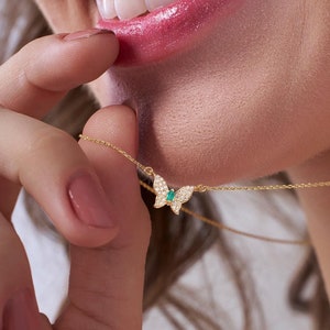 Butterfly Necklace, 14K Solid Gold Colourful Green & White Diamond Butterfly Necklace, Unique Butterfly Pendant, Dainty Diamond Pendant