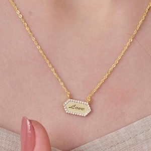 Hexagon Initial Necklace, Solid 14K Gold Necklace, Engraved Hexagon Initial Necklace, Pave Diamond Bar Necklace, Perfect Anniversary Gift
