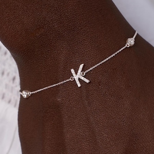 14K Gold Initial Diamond Bracelet, Custom Letter Bracelet, Round Bezel Natural Diamond Bracelet, K Initial Personalized Jewelry Gift for Her