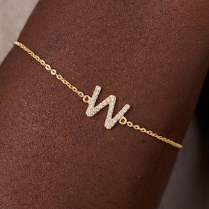 14K Massivgold Diamant Initial Armband, Benutzerdefinierte W Buchstabe Armband, natürliches rundes Diamant Monogramm Armband, personalisiertes feines Schmuck Geschenk