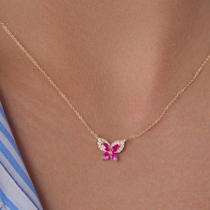 14K Gold Butterfly Charm Necklace, Marquise & Round Ruby Diamond Pendant, Natural Diamond Butterfly Necklace, Dainty Gift for Girl, Women