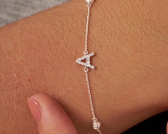 Pulsera con inicial de diamantes en oro macizo de 14 quilates, pulsera personalizada con la letra A, pulsera con letra engastada con diamantes, regalo de joyería fina personalizada para mujer.