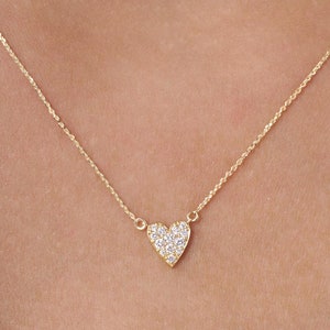 14k Gold Mini Heart Diamond Necklace, Tiny Heart Shaped Necklace, Birthday Gift For Her, Dainty Love Necklace, Diamond Heart Necklace