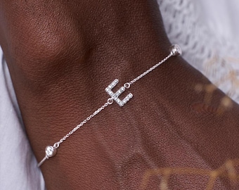 Pulsera con inicial de diamantes en oro macizo de 14 quilates, pulsera con letra personalizada, pulsera con monograma de diamantes naturales, regalo de joyería fina personalizada para mujer.