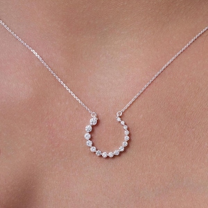 14k Diamond Horseshoe Necklace, Mini Diamond Charm, Dainty Gold Necklace, Round Graduation Diamond Circle Necklace, Lucky Horseshoe Pendant