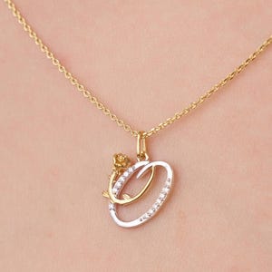14K Solid Gold Rose Necklace, Dainty Pendant With Chain, Rose Flower Gold Pendant, Round Natural Diamond Necklace, Birthday Gift For Her
