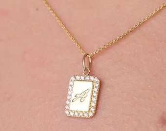 14K Solid Gold Initial Necklace, Custom Letter Pendant, Round Natural Diamond Necklace, Personalized Gold Jewelry Gift for Her