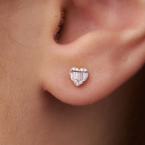 Heart Shape Earrings, 14K Solid Gold Diamond Heart Earrings, Mini Baguette Diamond Heart Studs, Love Earrings, Natural Diamond Earrings