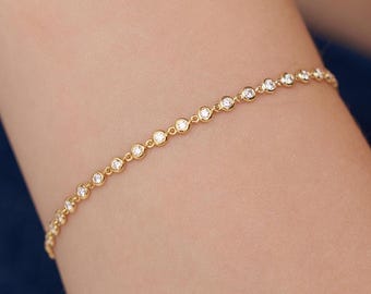 Pulsera de tenis de oro macizo de 14 quilates con diamantes, pulsera apilable redonda con diamantes naturales, delicada joyería de tenis, regalo para ella, joyería Beseen