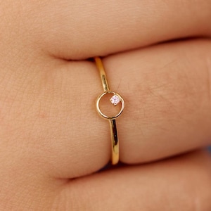 Solid 14K Gold Ring, Gold Circle Diamond Ring, Open Circle Ring For Women, Round Pink Diamond Ring, Dainty Geometric Ring