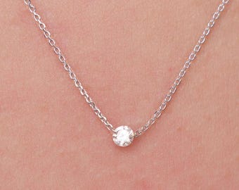 Diamant Solitär Halskette, Zierliche Halskette, Runde Natürliche Diamant Halskette, Massive 14K Gold Diamant Halskette, Zarte Halskette Für Sie