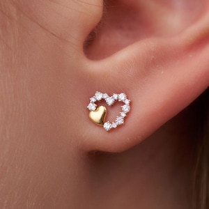 14K Solid Gold Heart Shape Earrings, Round Natural Diamond Heart Studs, Heart Love Earrings, Minimalist Heart Shape Stud Earrings