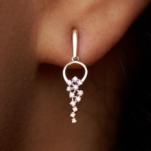 14K Solid Gold Diamond Drop Earrings, Dainty Dangle Drop Earrings, Round Natural Diamond Earrings, Elegant Fine Jewelry, Dainty Earrings