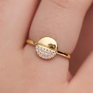 Diamond Dome Ring, Gold Half Ball Statement Ring, Round Natural Diamond Solitaire Ring, Pavé Diamond Dome Ring for Women, Minimalist Ring