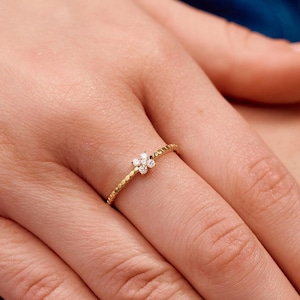 Diamond Ring, 14k Gold Diamond Clover Ring, Minimalist Simple Stacking Ring, Petite Dainty Diamond Ring, April Birthstone Birthday Gift